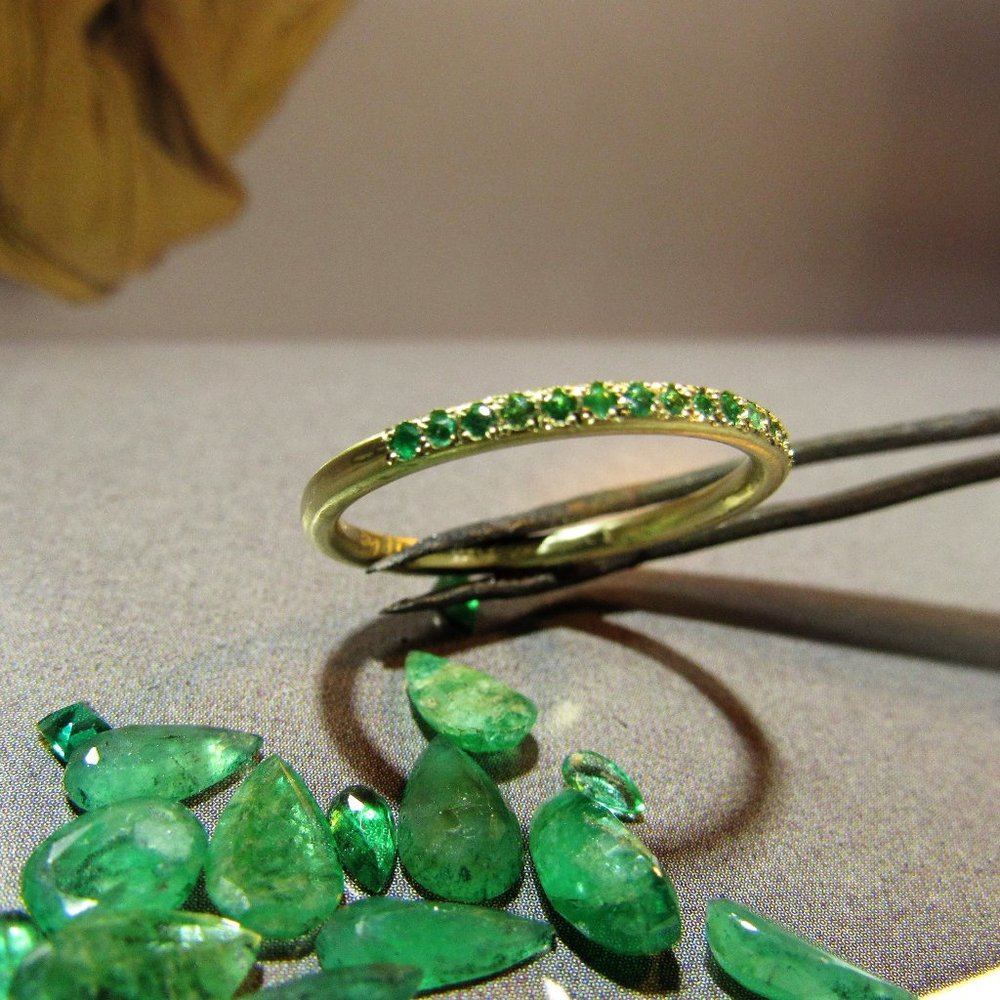 Emerald Gold Ring, Dainty Stacking, Natural Emerald Jewelry
